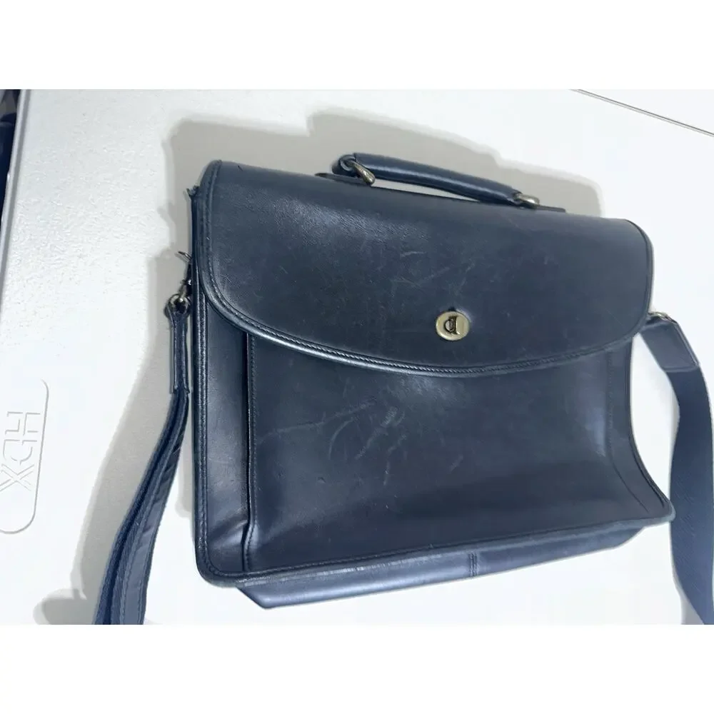 Black Leather Vtg Messenger Bag Turn Lock Laptop Bag Briefcase